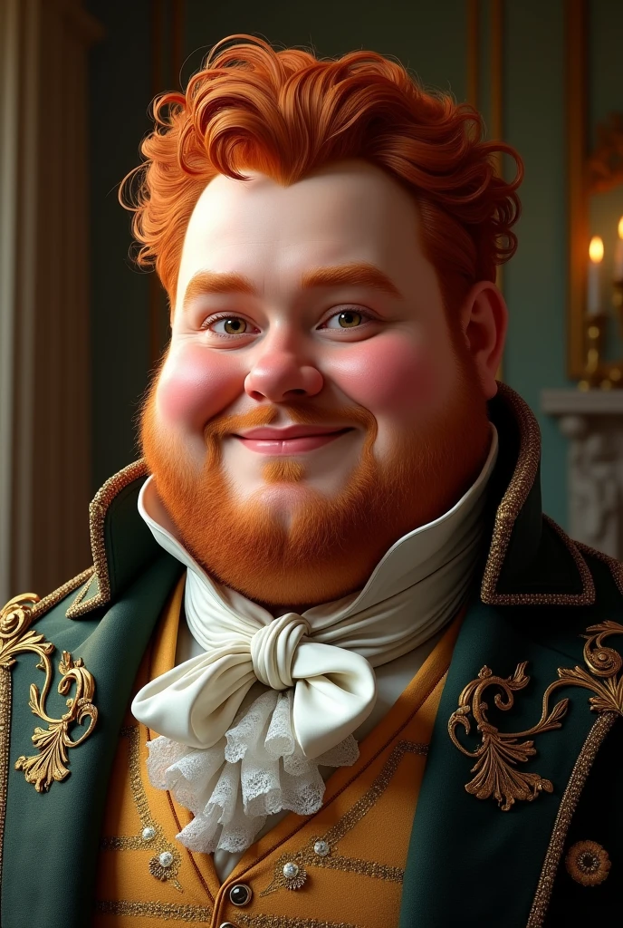 a chubby red haired man, friendly expression, wearing regency era clothing, detailed portrait, photorealistic, highly detailed, intricate details, masterpiece, ornate outfit, dramatic lighting, cinematic scene, elegant setting, warm colors, glowing skin tones, detailed facial features, sharp focus, hyperrealistic, 8k, award winning art