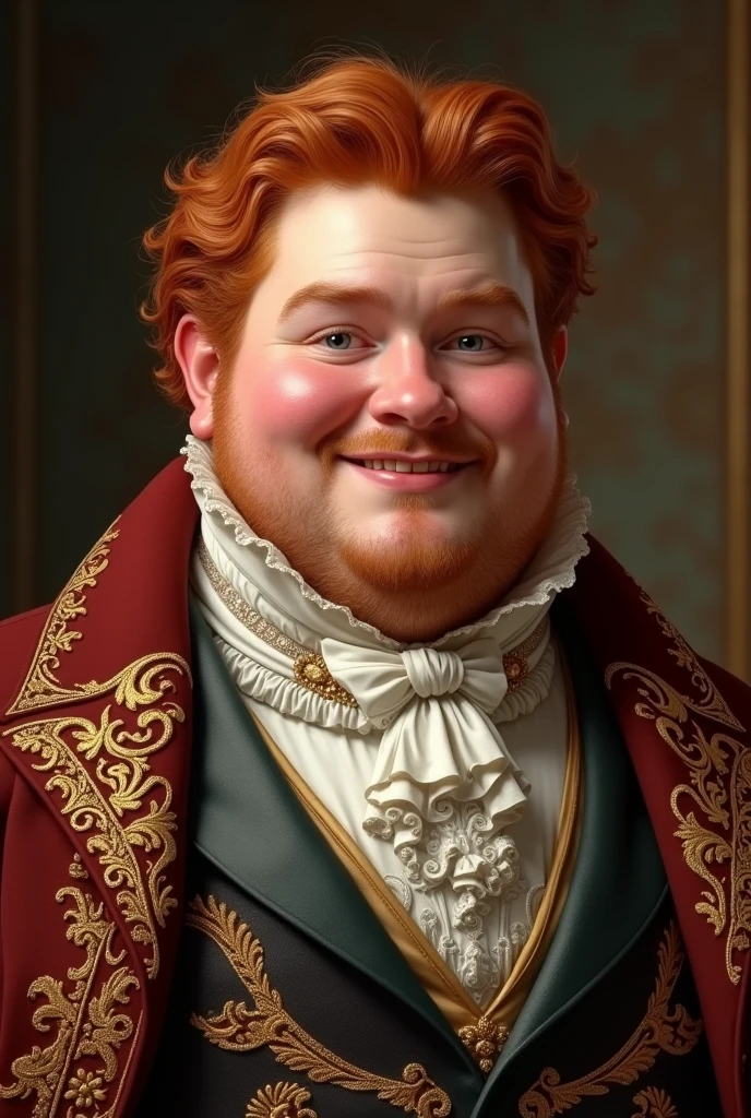 a chubby red haired man, friendly expression, wearing regency era clothing, detailed portrait, photorealistic, highly detailed, intricate details, masterpiece, ornate outfit, dramatic lighting, cinematic scene, elegant setting, warm colors, glowing skin tones, detailed facial features, sharp focus, hyperrealistic, 8k, award winning art