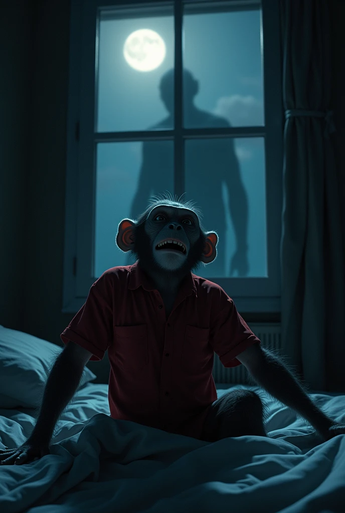 A five-year-old Venezuelan boy lying in his bed in his humble room with light green walls, on the back of the bed the spirit of a peasant with a white long-sleeved shirt and a black hat watching him sinisterly as he sleeps