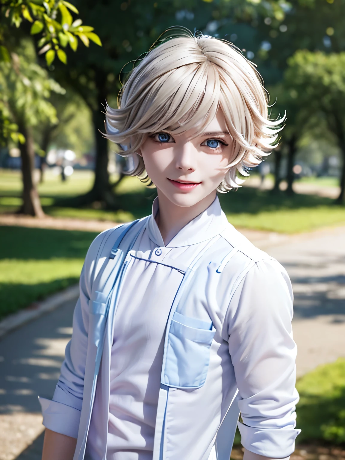 masterpiece, best quality, , 1boy, ,solo, male focus, looking at viewer, white hair, blue eyes,Standing in the park,smile, Applause,close up photo,White t-shirt, white trousers