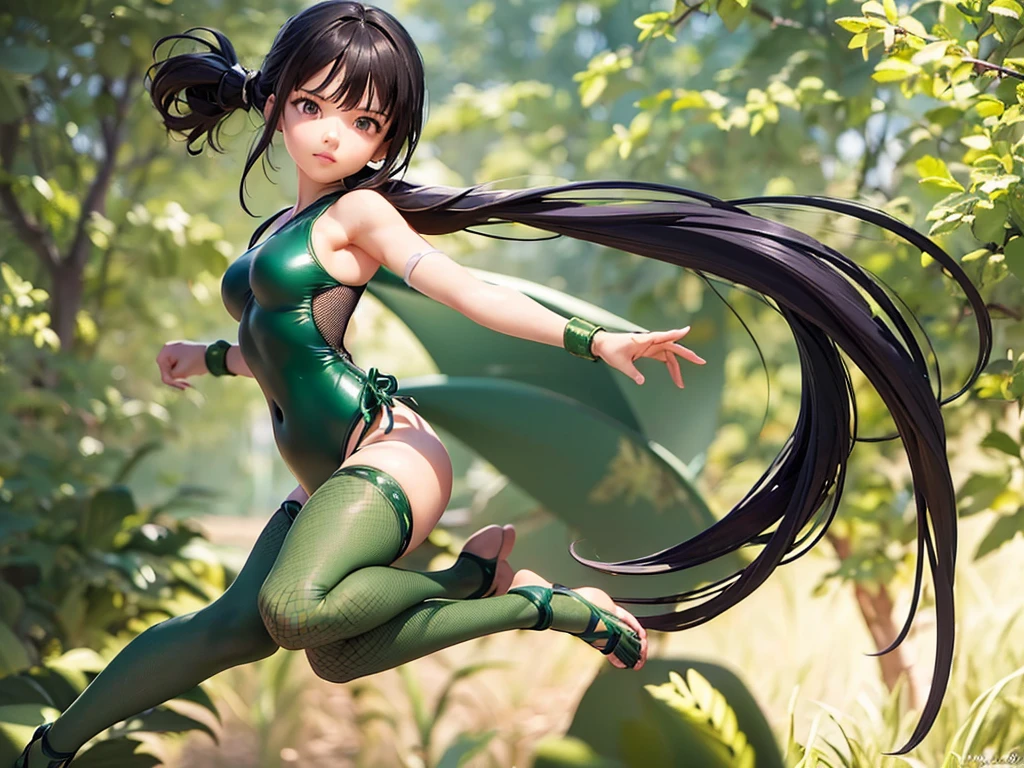 masterpiece, Highest quality, High resolution, Pixel perfect, Depth of written boundary, Beautiful live-action anime, Beautiful art style, (Detailed face),((One Woman)),(women only:1.1),(Solo photo:1.3),(Front view:1.5),(Shiny skin),(((Kunoichi))),(((Dark green ninja leotard swimsuit))),((Hemp kimono)),((Fishnet tights)),((Straw sandals)),((Black hair ponytail)),