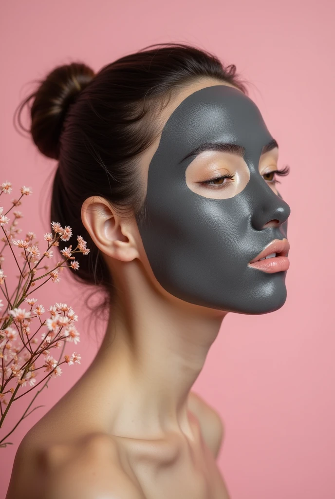 Creative and aesthetic Shoot with pink or white background of female model with props applied charcoal face mask . Use props in pictures