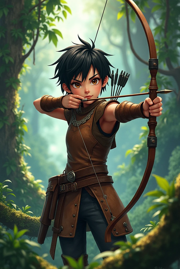 Female anime boy with short black hair jungle explorer archer fantasy dungeons and dragons leather armor  brown eyes