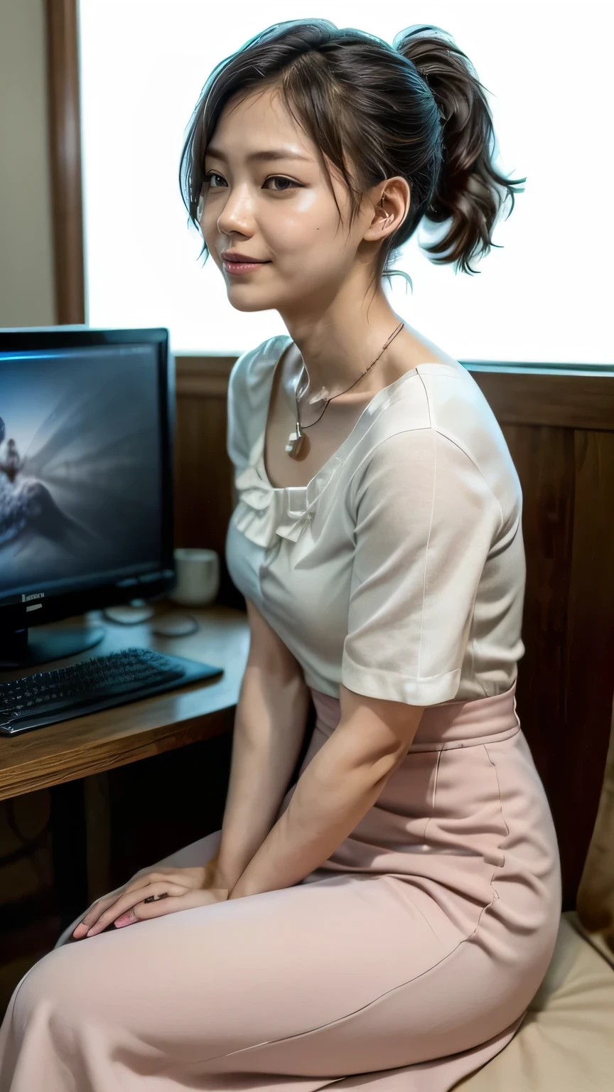 (Woman sitting in backless chair in office:1.3、Working)、(Realistic、Like a photograph、Live Action、8k, Realistic, RAW Photos, Best image quality: 1.4), Single-lens reflex camera、RAW Photos, Highest quality, Realistic, Very detailed CG Unity 8k wallpaper, Written boundary depth, Cinematic Light, Lens flare, Ray Tracing, Realistic background、(Frilled blouse:1.2、(Wearing a tight, long skirt:1.5、Mermaid Line Skirt)、((Wear a name tag around your neck)))、((Ultra-dense skin))、 Working Japanese Office Lady、((whole body:1.5)，View the computer:1.1、smile、(Medium Hair、Short Ponytail:1.3)、I like that style、stylish、Very detailed、Pay attention to the details、Perfect outfit、(Sunburned skin)、Beautiful legs:1.1，Anatomically correct body、Accurate Fingers、Sitting、(Side view)