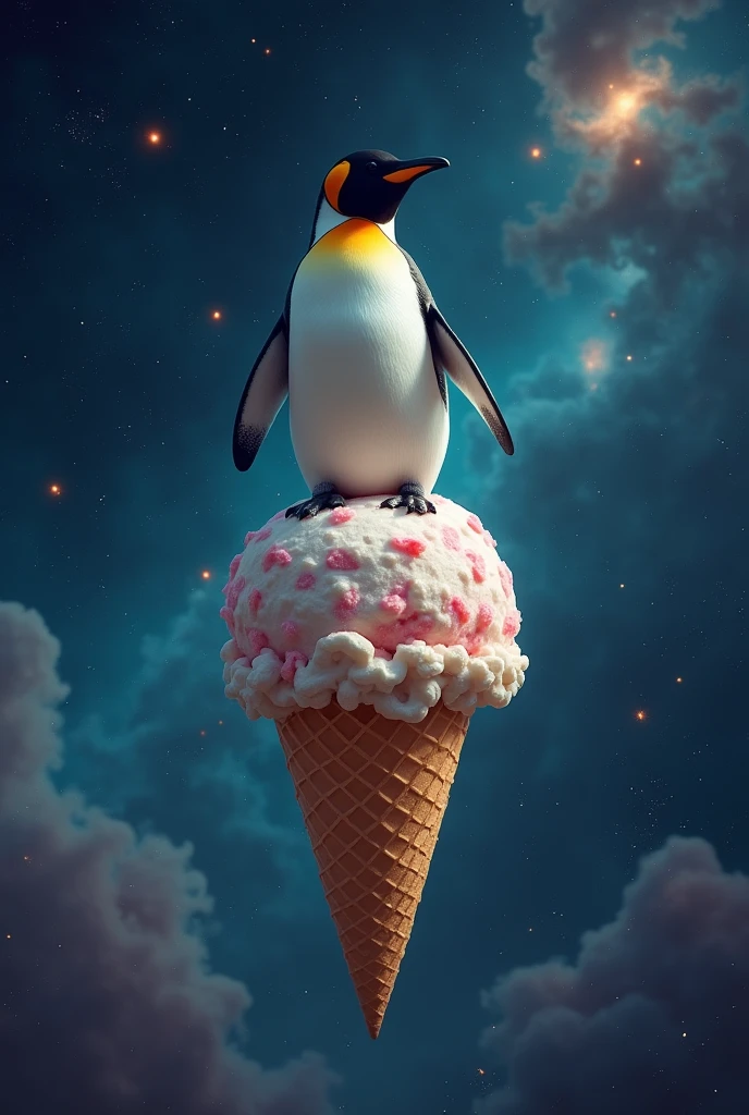 A more realistic photo of a penguin standing on an ice cream cone floating in space, surrounded by stars and galaxies.