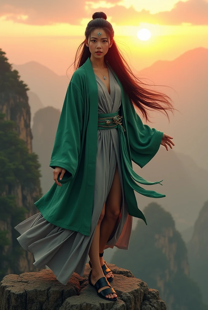 Birdseye view. beautiful woman, born Thai-korean as Tsunade Senju with a diamond mark on her forehead from the anime series “Naruto.” 30 years old at amidst Huangshan Mountain at sunset. dynamic martial arts on top cliff. she wears a green cardigan and deep v neckline gray kimono untied . (the round a green cardigan is getting bigger, like a balloon about to pop). black long hair. chuckle. black open-toed sandals with high heels. high resolution, realistic, 8k