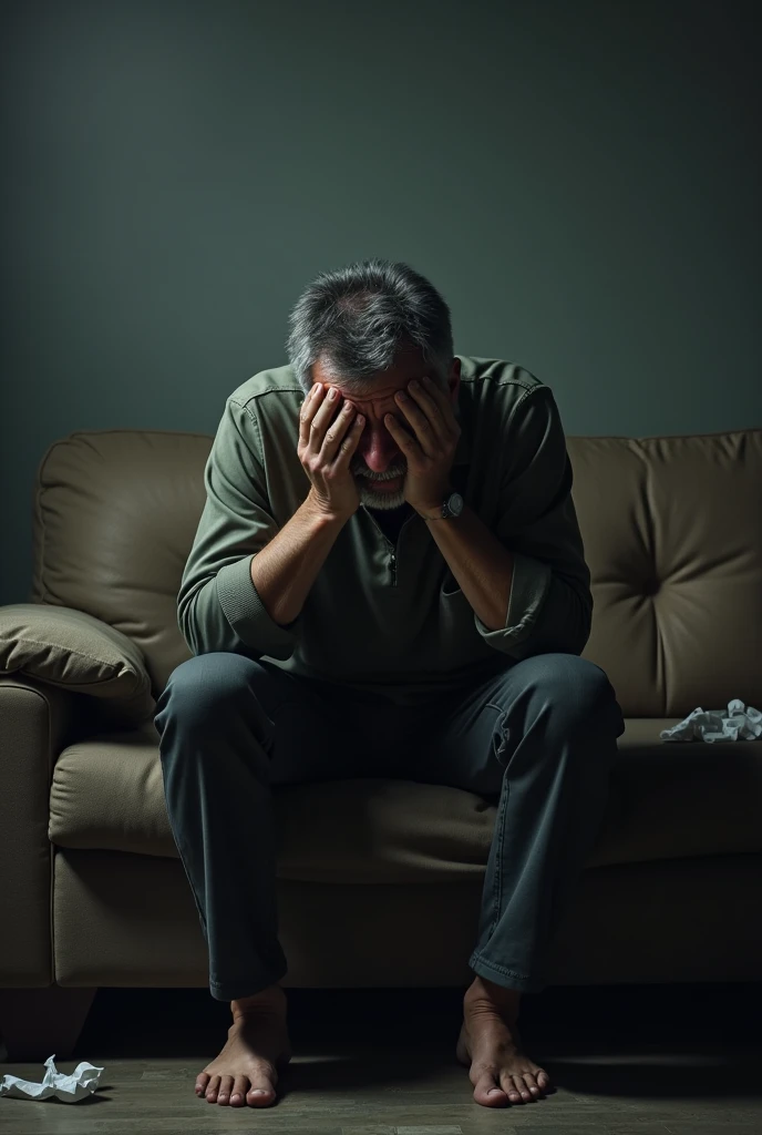 a man crying on his couch
