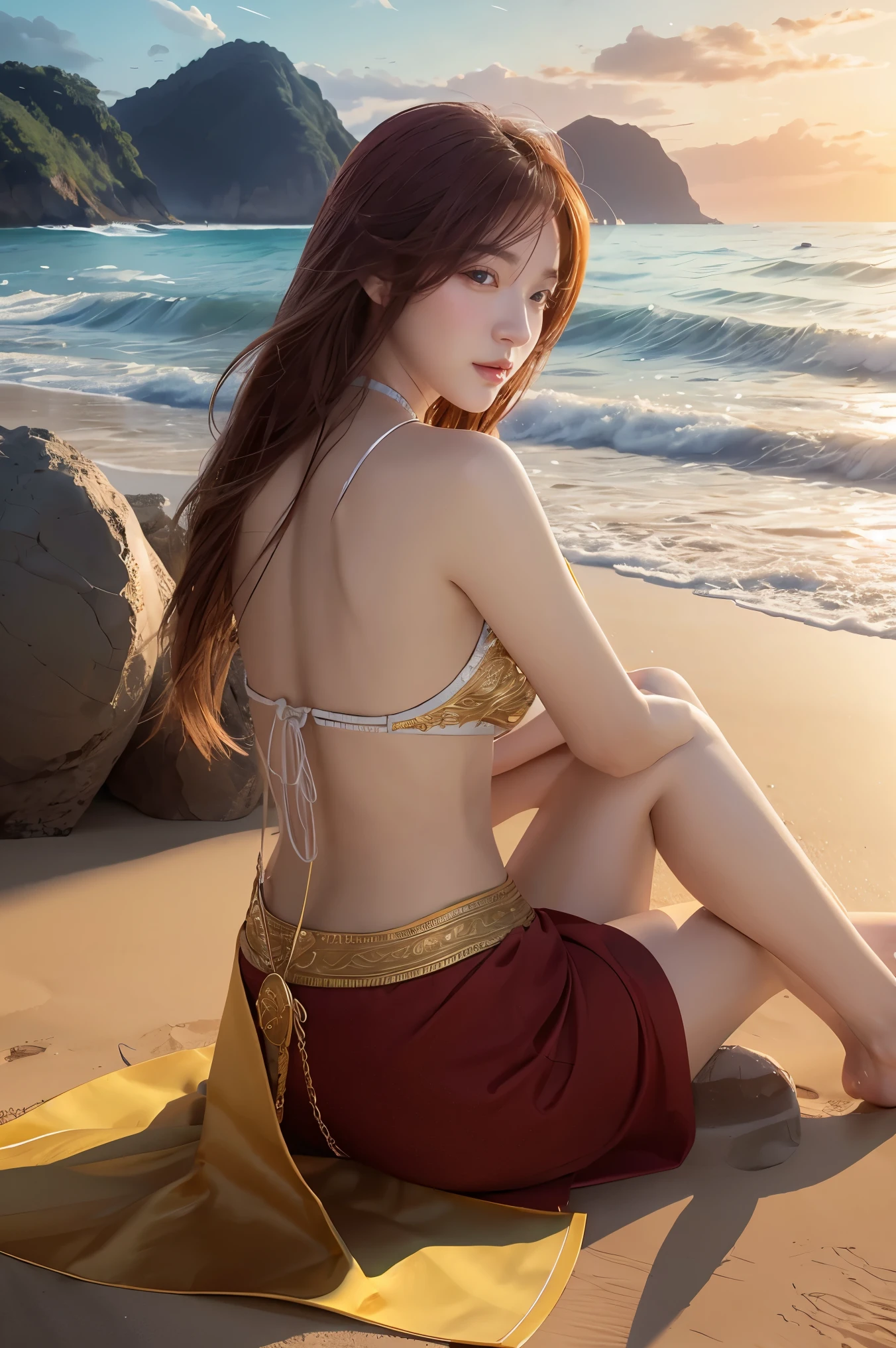 Portrait of the navel on the head of a 32-year-old red-haired Russian woman, Colossal tits, dressed in an ancient Egyptian dress, out of 5.000 a.c. wrapped in raw linen, em uma praia, in a seductive pose, seduction, SUNSET, cinematic rendering, 32k, cru