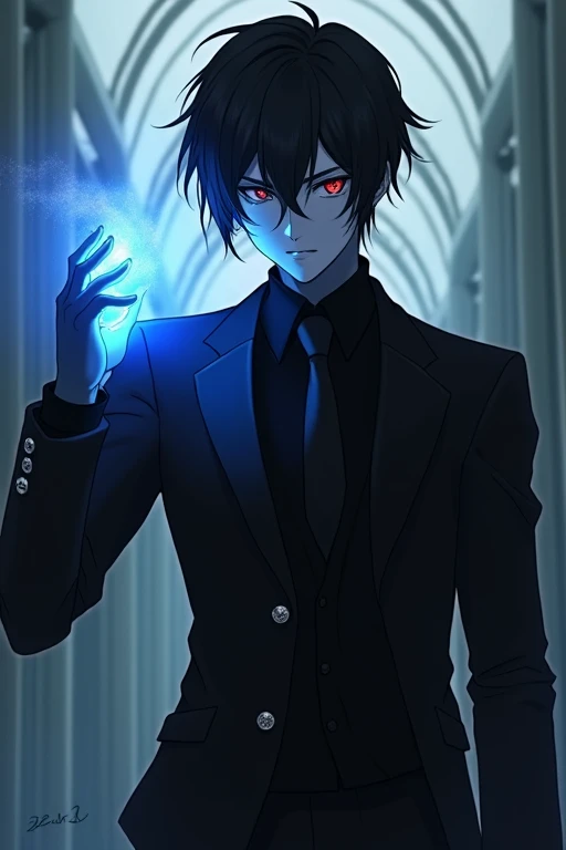 Black Hair,Black Suit,male,Anime Style,Red Eye,Holding a blue light in one hand
