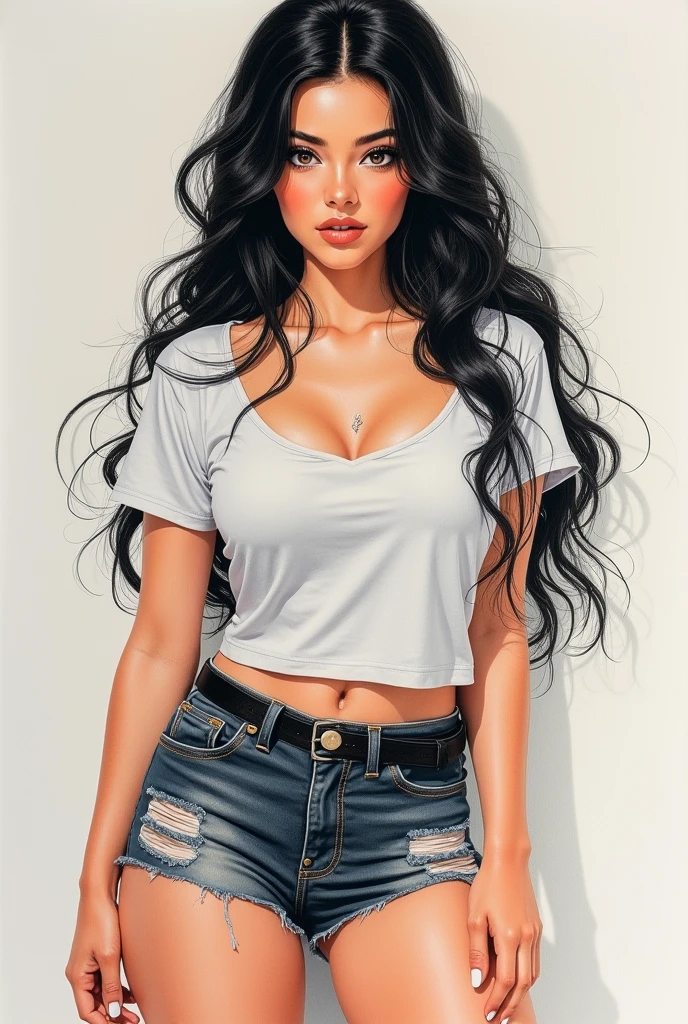 「Colored lead painting」,A sexy 1 girl,Black long hair,miniskirt,Double tail,White low-cut T-shirt,C cup