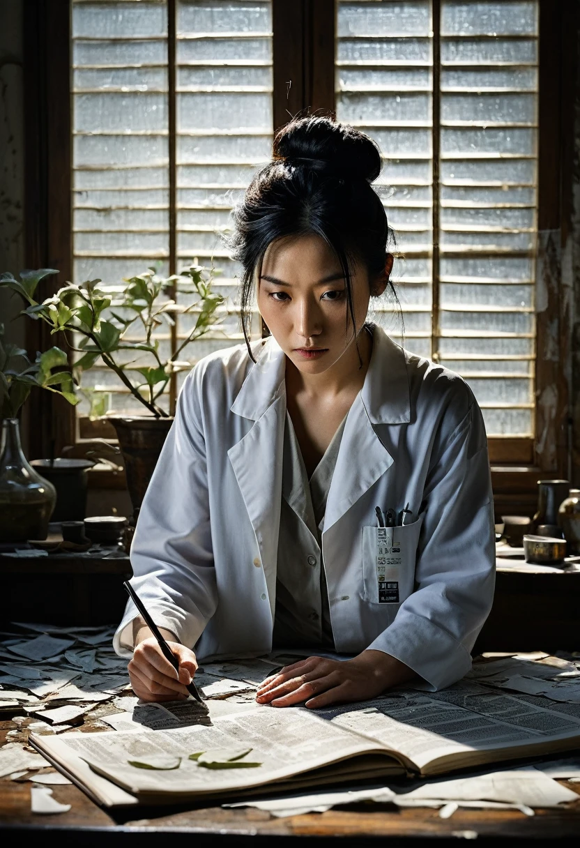 Beautiful botanical genius, Misaki Sato, 28, Japanese, long black hair in a messy bun, concentrated expression, in a dimly lit laboratory, early morning sunlight streaming through venetian blinds, creating stark shadows, papers and broken glass strewn across floor, empty clematis specimen case prominent on central table, drawers pulled out, computer with cracked screen, distraught genius Beautiful botanical Misaki in foreground, hand over mouth, eyes wide with shock, wearing previous day's wrinkled lab coat, detective in background taking notes, forensic team dusting for fingerprints, police tape across doorway, clock on wall showing 7:15 AM, hyper-realistic, dramatic lighting, crime scene photography style, intricate detail, faded, highly detailed eye, 16k resolution, RAW, Nikon Z9, creative, masterpiece, fantasy, super detailed, high resolution, high quality, 8k, realistic, super detailed Dramatic Lighting, Soft Focus, Digital Illustration, Intricate Mechanics, Advanced Techniques, Dark Backgrounds, Cinematic, High Contrast, Moody, Atmospheric, (Top Quality, 4k, 8k, High Definition, Masterpiece: 1. 2), Ultra-Detailed, (Realistic, Graphic, Photorealistic: 1. 4) -- No glass --AR 16:9 --Stylize 1000
