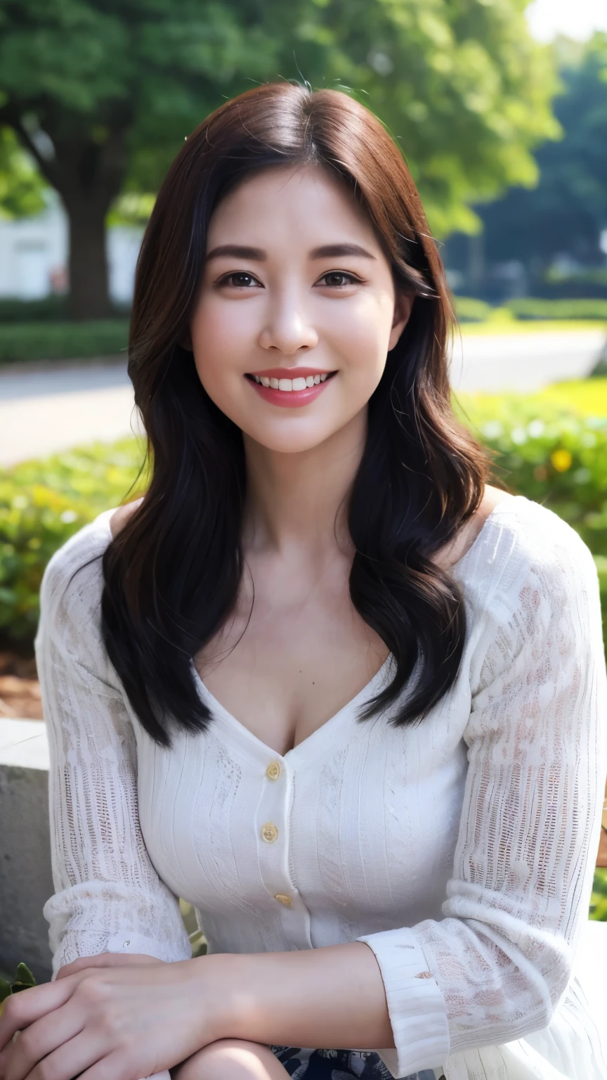 最high quality, In 8K, Masseter region, Real, Sharp focus, high quality, High resolution, Detailed face, Detailed eyes, Thick lips, Background Blur, alone, Middle-aged women, , 5, , Wavy Hair, Cleavage, Wearing a plain short-sleeved knit, Afternoon in front of the park garden, Wrinkles around the eyes, Smiling with teeth showing