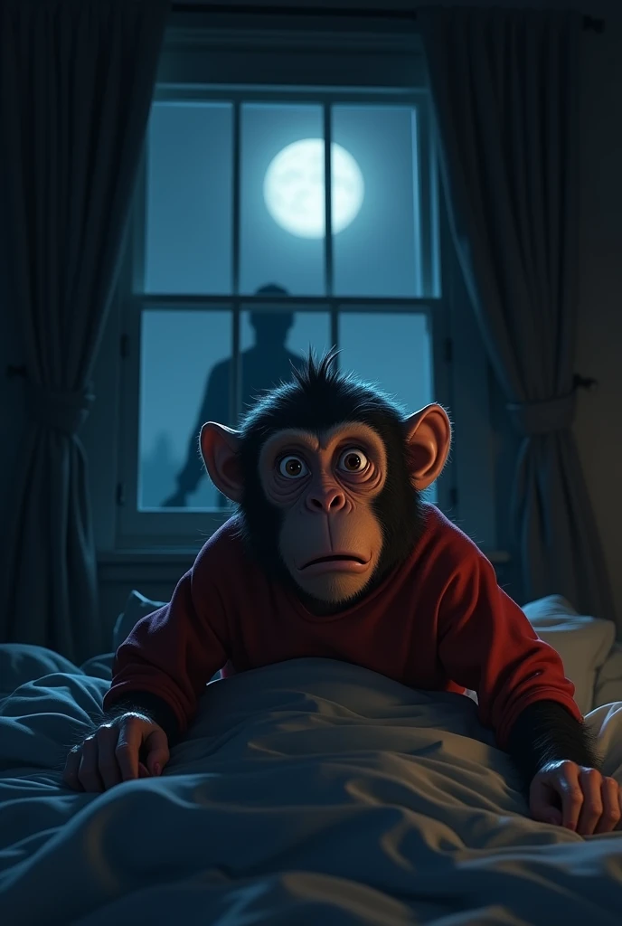 Samir, a human-like monkey, his shirt color red sitting up in his bed with a frightened expression, his heart pounding. He nervously glances toward the window where a faint shadowy figure is visible outside. Samir slowly realizes that this figure is the man who killed his father and buried his body. The scene is dark, with the only light coming from the moon, casting eerie shadows in the room.