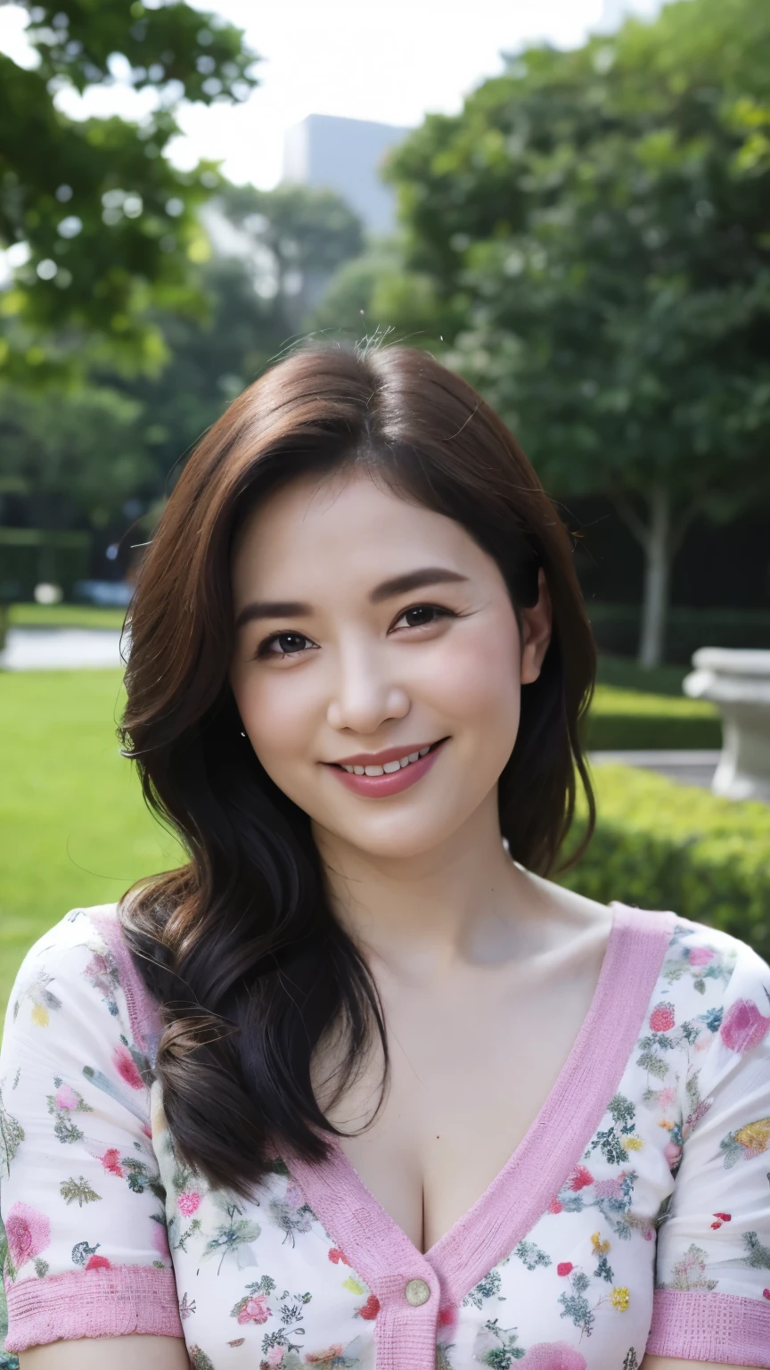 最high quality, In 8K, Masseter region, Real, Sharp focus, high quality, High resolution, Detailed face, Detailed eyes, Thick lips, Background Blur, alone, Middle-aged women, , 5, , Wavy Hair, Cleavage, Wearing a plain short-sleeved knit, Afternoon in front of the park garden, Wrinkles around the eyes, Smiling with teeth showing