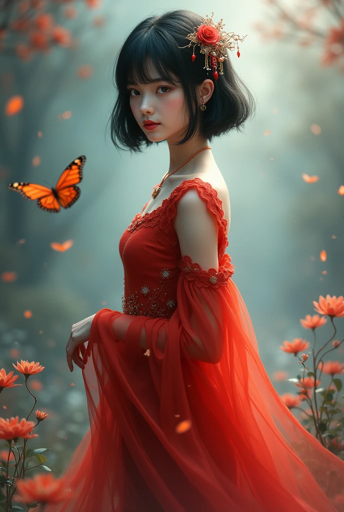 1girl,solo,wings,black hair,bug,butterfly,hair ornament,dress,red lips,realistic,red dress,chinese clothes,long sleeves,hanfu,short hair,standing,jewelry,wide sleeves,blurry,