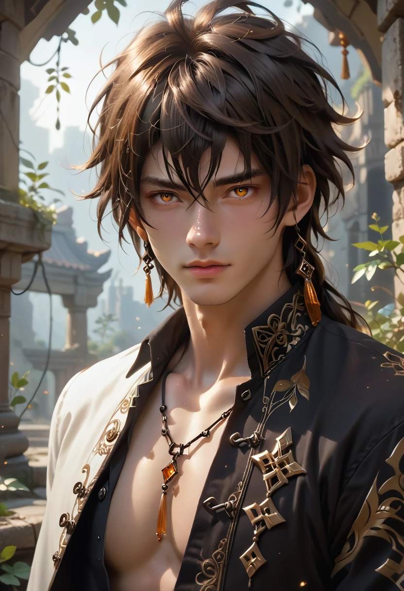 (Best Quality, 8k, Masterpiece :1.3), handsome young man with perfect figure and long hair :1.4, Zhong Li, Zhongli, Dark brown hair, inflated chest, genshin impact, on ruins, in the hands of a spear, Very detailed face and skin, Detailed eyes, Double eyelid