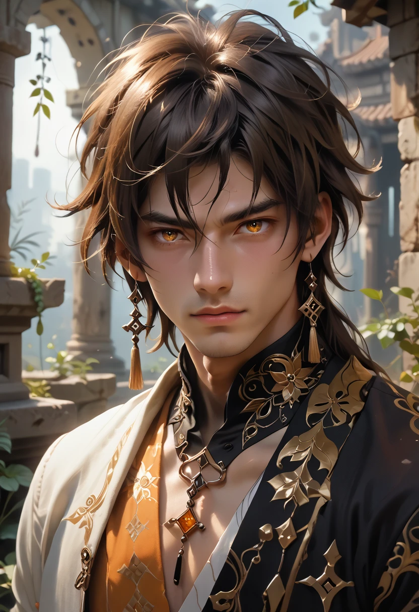 (Best Quality, 8k, Masterpiece :1.3), handsome young man with perfect figure and long hair :1.4, Zhong Li, Zhongli, Dark brown hair, inflated chest, genshin impact, on ruins, in the hands of a spear, Very detailed face and skin, Detailed eyes, Double eyelid