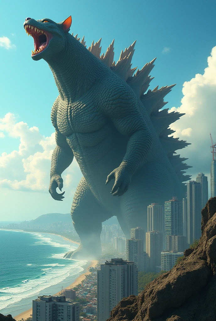 A cat that transforms into Godzilla and roars to destroy a city beside the sea and a beautiful blue sky.