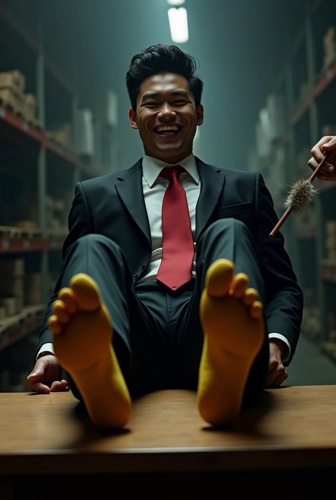 Malaysia malay handsome 23 years celebrity
His hand tied up behind with rope in warehouse 
Blindfolded
Black Suit and Red tie
feet on desk
loafer shoes on desk 
5 toes each feet 
Yellow smelly sock
A kidnapper
He's  feet ticklish
Focus tickle his sock feet
Feather duster tickle 
He laugh 