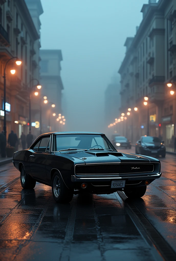 Black 1967 dodge challanger parked in baku city at foggy night