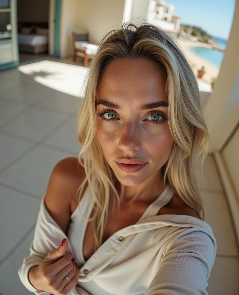 (5 mm fisheye lens) 1 woman, 23 y.o., American, Beautiful, ((upper body selfie)), Beautiful backlight, masterpiece, Best quality, ultra-detailed, only, sexy, Comfortable, clear sky, analog style (looking at viewer:1.2) (Skin texture) (film grain:1.3), (warm shade, warm tone:1.2), Close up, Cinematic light, Side lighting, Ultra-high resolutions, Best shadows, Upper half of body, Wearing sporty outfit (sports bra), Relaxed and intimate photos, Long blond hair, Outdoors, Landscapes of hotel room Ibiza , blurred background