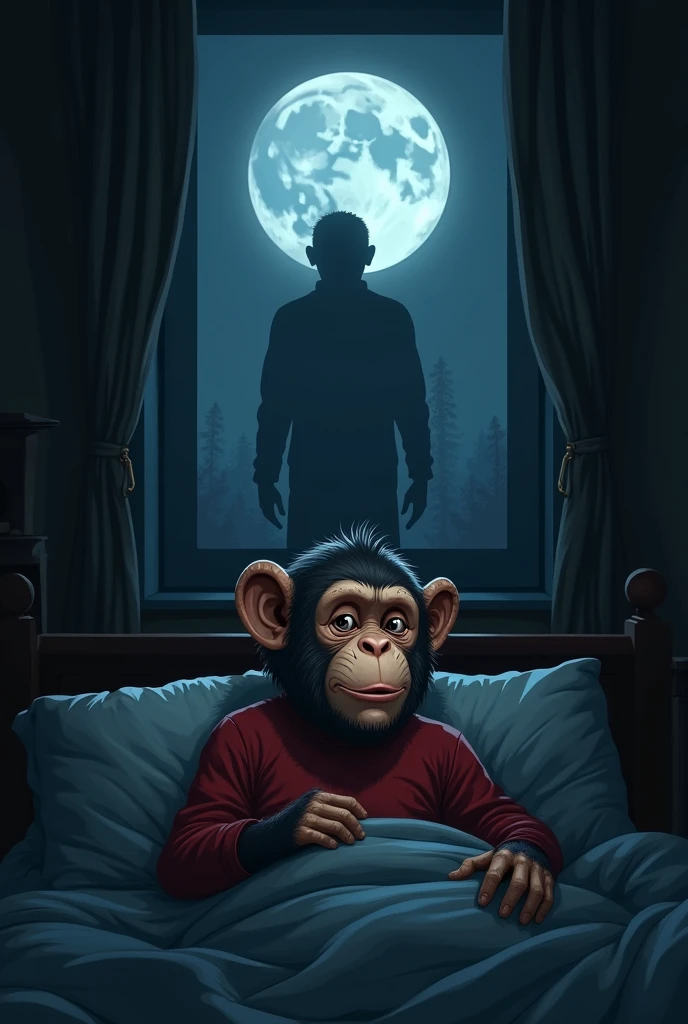 Samir, a human-like monkey, his shirt color red  sitting up in his bed with a frightened expression, his heart pounding. He nervously glances toward the window where a faint shadowy figure is visible outside. Samir slowly realizes that this figure is the man who killed his father and buried his body. The scene is dark, with the only light coming from the moon, casting eerie shadows in the room.