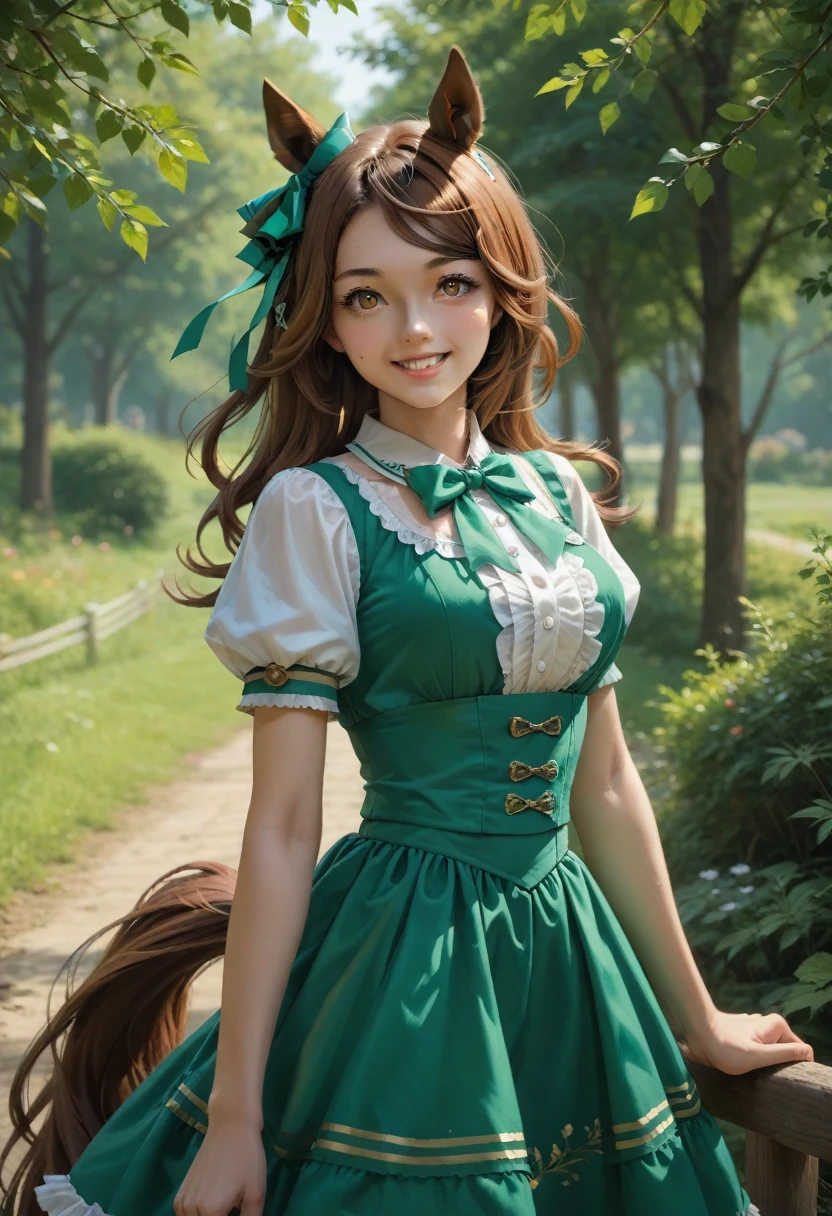 1girl, solo, umamusume, horse girl, horse ears, horse tail, brown eyes, brown hair, long hair, light smile, ear bow, frilled skirt, green skirt, high-waist skirt, puffy short sleeves, thin, slender, (japanese:0.8)