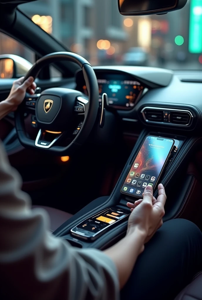 Photo dans une lamborgini ou on voit le volant d’un iphone 15 pro