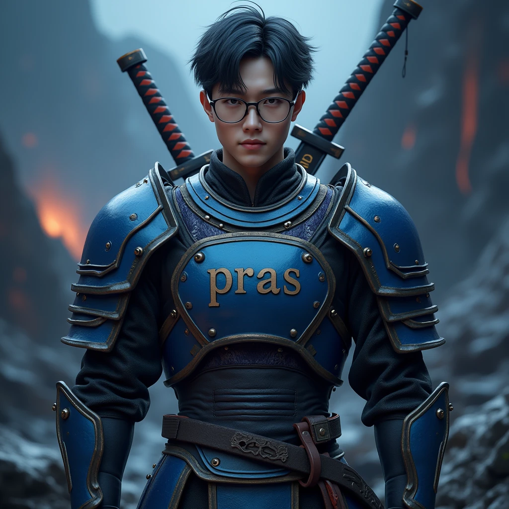 Create a character armor,{{background: text: “GLBK”, darkness blue vulcano}},
realistic, HDR, use glasses, handsome, korean style, full body, use katana, age 20, armor text: “PRAS”