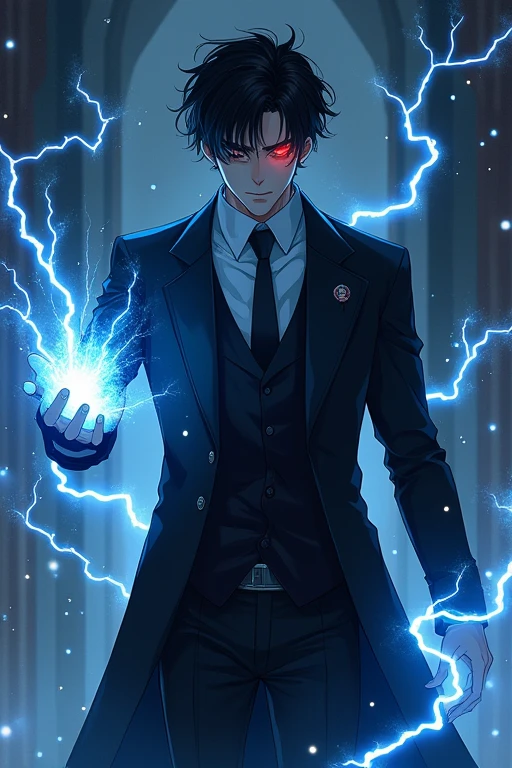 Black Hair,Black Suit,male,Anime Style,Red Eye,Blue electricity is emitting from one hand