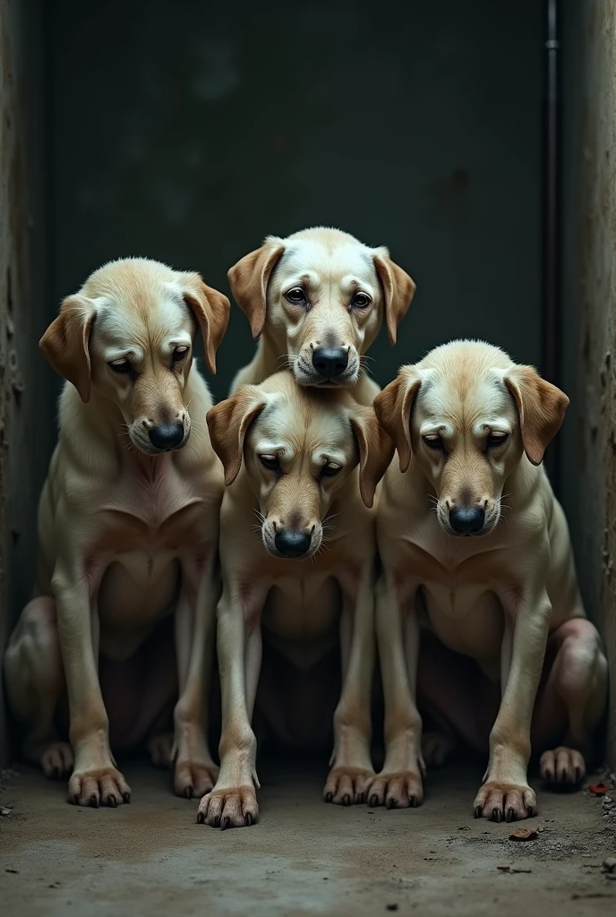 four sad and sick dogs