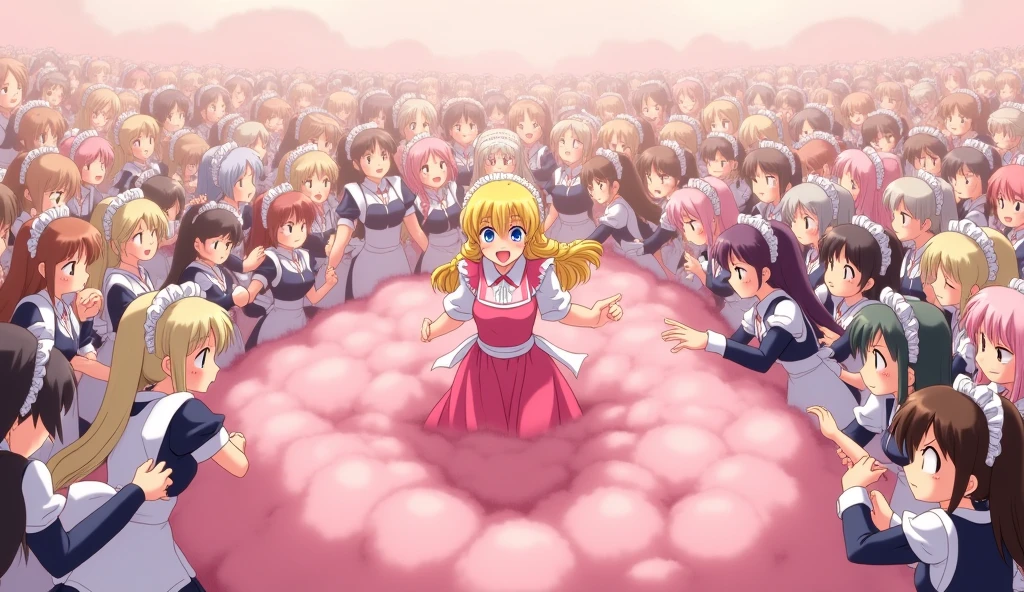 An anime-style illustration depicting hundreds
of maids and princess playfully wrestling with each other inside a pink comical fight cloud (dust cloud).
each girl has different colored hair.one princss with blonde long braided and blue-eyes and pink-dress.
their faces,hands,and feet are visible emerging from the cloud as they tussle humorously, with the rest of their bodies completely hidden inside the cloud.
the illustration emphasizes the humorous and energetic nature of their scuffle,with a fluffy and exaggerated fight cloud.