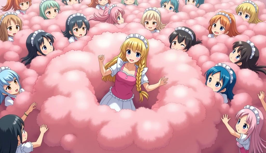 An anime-style illustration depicting hundreds  
of maids and princess playfully wrestling with each other inside a pink comical fight cloud (dust cloud).
each girl has different  colored hair.one princss with blonde long braided and blue-eyes and pink-dress.
their faces,hands,and feet are visible emerging from the cloud as they tussle humorously,  with the rest of their bodies completely hidden inside the cloud.
the illustration emphasizes the humorous and energetic nature of their scuffle,with a fluffy  and exaggerated fight cloud.