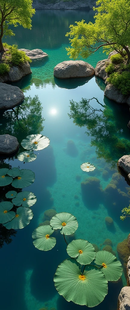 (masterpiece:1.2,top quality,ultra high resolution,very detailed,realistic,ultra high resolutionのカメラ),8 K,wallpaper,(Shooting the pond from above),(Detailed image of the bottom of a pond with distant reflections on the surface of the water..:2.0),Solar,Japanese Garden,Serene landscape,Recovery