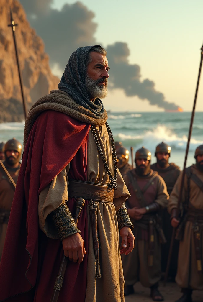 "Tariq ibn Ziyad delivers a powerful speech to his troops on a rugged coast, with smoke rising from burning ships in the background and the soldiers gazing with determination."