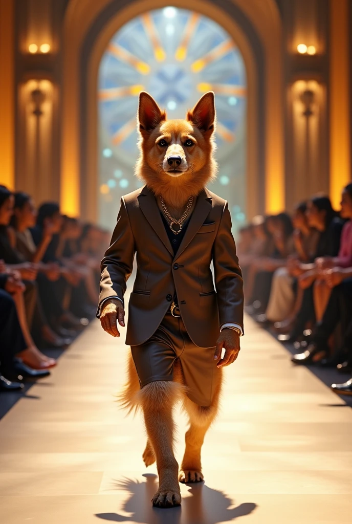 A dog like a human walking down the runaway at a fashion show