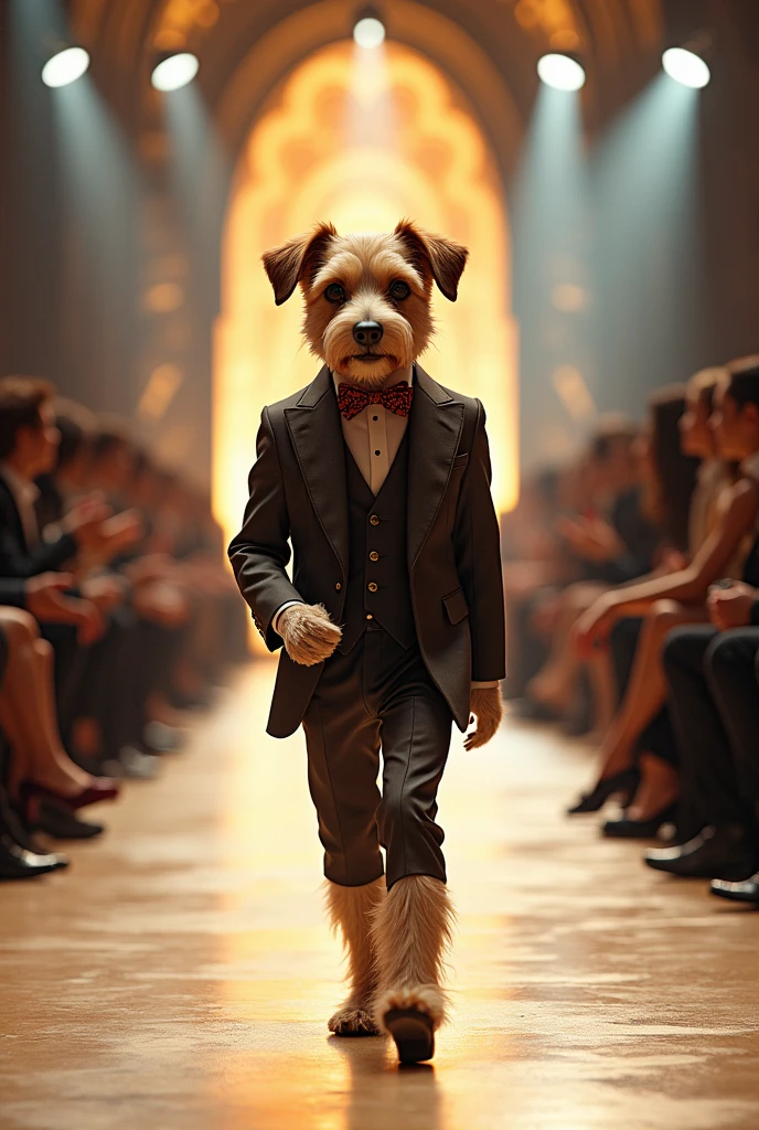 A dog like a human walking down the runaway at a fashion show