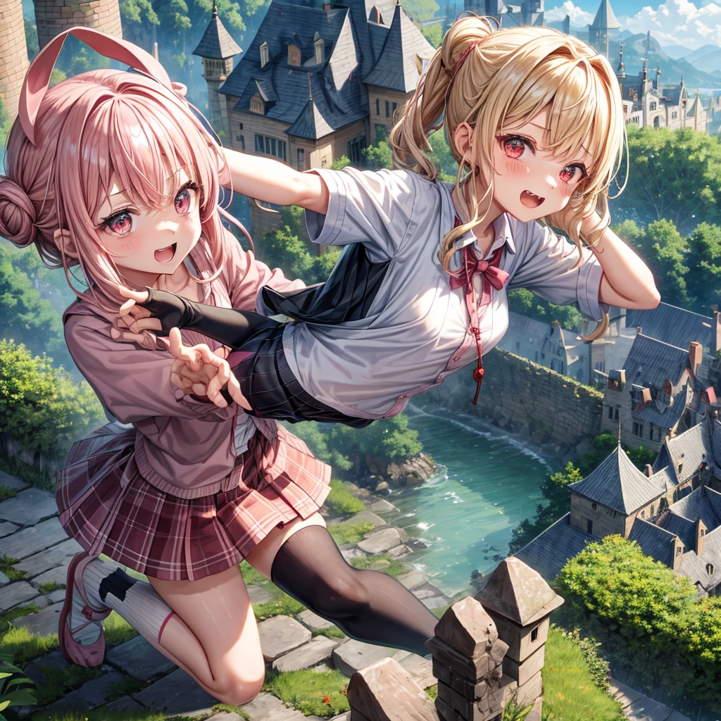 Pink Blonde、Red eyes、Wavy Hair、Hair tied up、Two cute、Checked mini skirt、black t-shirts、cardigan、Knee-high socks、Teeth are visible、Monster Castle、Tilting face、windmill、grass、Stones are growing out of the ground.、In front of the city gates、Underground tunnels、Water flows from the castle、Wooden bridge、The stone is cracked、Ashura Statue、Giant wood、Claw marks