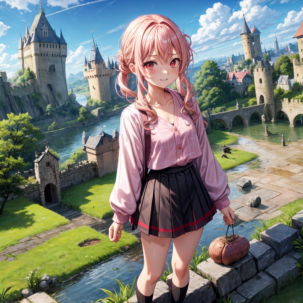 Pink Blonde、Red eyes、Wavy Hair、Hair tied up、Two cute、Checked mini skirt、black t-shirts、cardigan、Knee-high socks、Teeth are visible、Monster Castle、Tilting face、windmill、grass、Stones are growing out of the ground.、In front of the city gates、Underground tunnels、Water flows from the castle、Wooden bridge、The stone is cracked、Ashura Statue、Giant wood、Claw marks