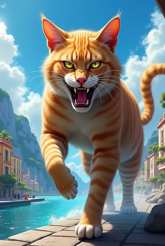 cat ready to growl To destroy the beautiful blue sky seaside city