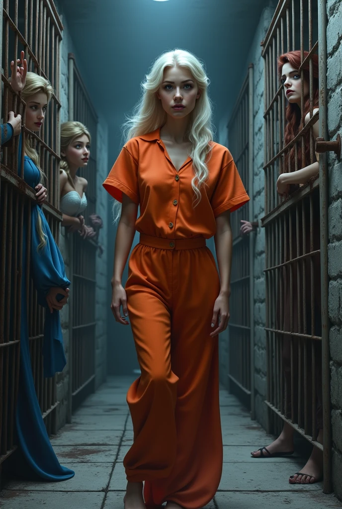 Princess Elsa in an orange prisoner costume in jail, in the cells nearby are other disney princesses