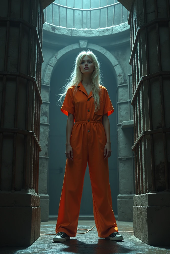 Princess Elsa in an orange prisoner costume in jail, in the cells nearby are other disney princesses
