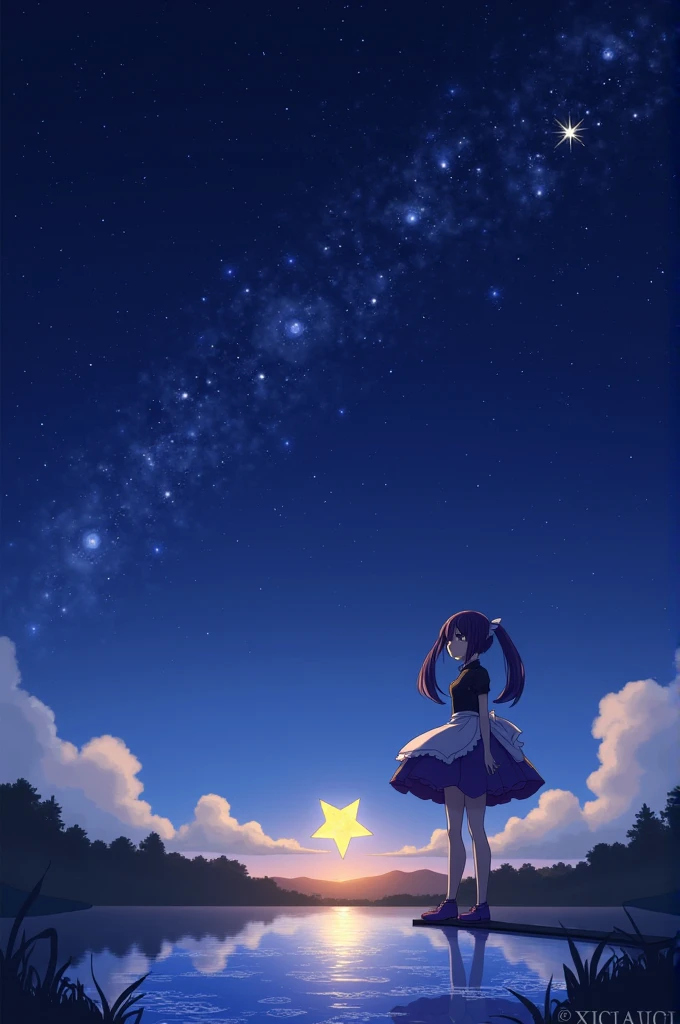 girl, Located in the corner, looking at the Sky, Solitary, Mona (Genshin Impact), Necklace, Hair between the eyes, Star (Symbolism), Long hair, Dark purple hair, Double tail, blue eyes, Shining eyes, Jewelry, witch, maid, Bangs, Purple black dress, Purple skirt, White apron, landscape, night Sky, Star (Sky), Starry Sky, night, outdoor, cloud, reflection, water, magic, Tarot, water magic, ((beautiful golden crystal Star)), space, water droplets, splash