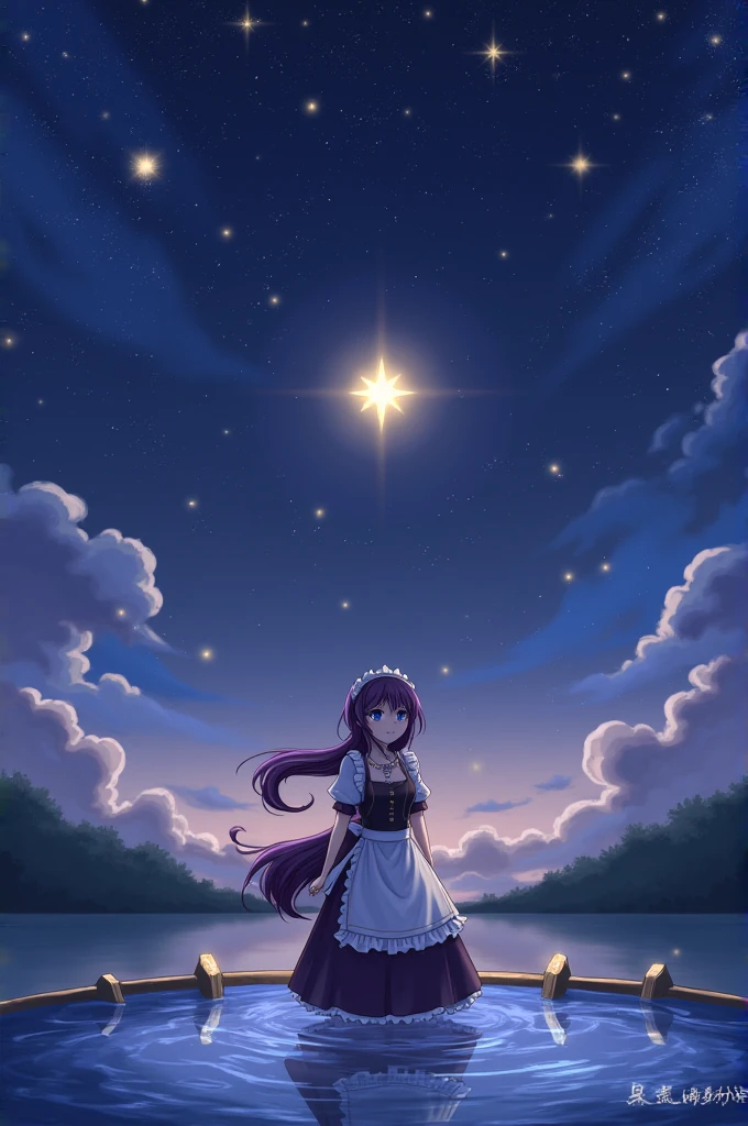 girl, Located in the corner, looking at the Sky, Solitary, Mona (Genshin Impact), Necklace, Hair between the eyes, Star (Symbolism), Long hair, Dark purple hair, Double tail, blue eyes, Shining eyes, Jewelry, witch, maid, Bangs, Purple black dress, Purple skirt, White apron, landscape, night Sky, Star (Sky), Starry Sky, night, outdoor, cloud, reflection, water, magic, Tarot, water magic, ((beautiful golden crystal Star)), space, water droplets, splash