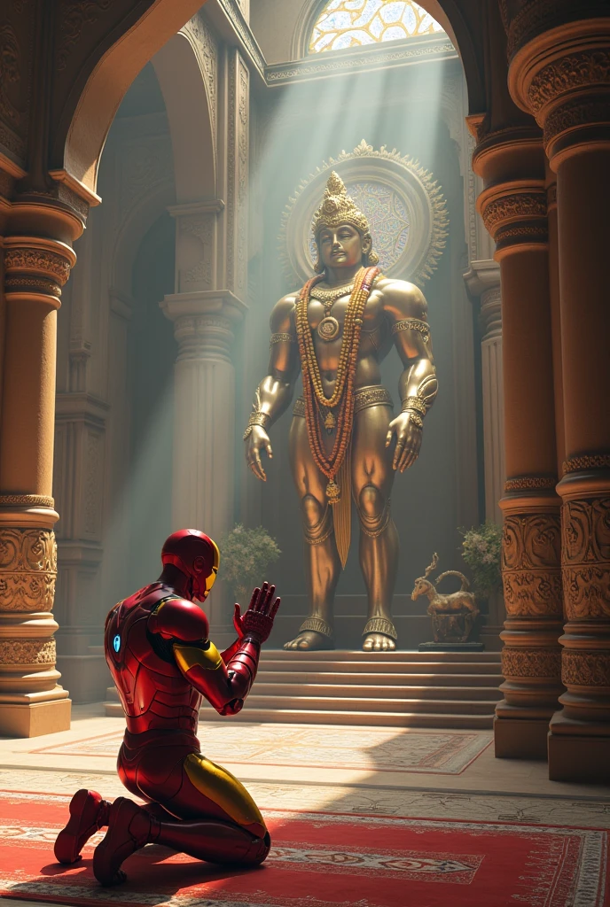 Iron Man worships God in a large Hindu temple