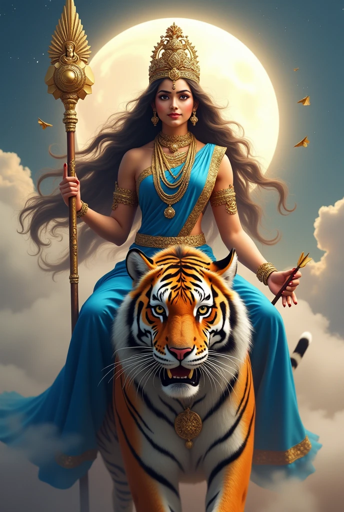 "Create an ultra-realistic image of the beautiful Goddess Chandraghanta, depicted in her divine form, wearing a royal blue saree with a matching royal blue blouse. She looks like a newely wedded bride. The saree should be richly detailed with intricate gold embroidery, symbolizing her royal status and celestial power. Her skin should glow with a soft, radiant light, reflecting her divine nature. Her face should be serene yet powerful, with large, compassionate eyes that exude both grace and strength. A serene smile should adorn her face, conveying her peaceful nature and her commitment to the welfare of her devotees, she have extreme long hair, beautiful hair, long flowing hair, long wavy hair.
(((((((((There is a ((((((extreme very big purely white shining half moon)))))) on her tiara.)))))))))
She has only two hands.
In the right hand she is holding a majestic designed extreme big bow.
In the left hand she holds majestic big arrows.
She should be riding on an extremely large and powerful tigress, symbolizing her strength, courage, and readiness to protect her devotees. The tigress should have a fierce yet loyal expression, perfectly complementing the goddess's commanding presence.
The background should be a celestial landscape, with soft, glowing light that enhances the divine atmosphere. Elements like the moon and stars should be subtly incorporated to reflect her connection to the celestial realm. The overall image should capture the essence of Goddess Chandraghanta’s beauty, strength, and protective nature, presented in a highly realistic and detailed manner, with her mount emphasizing her power and readiness for battle."