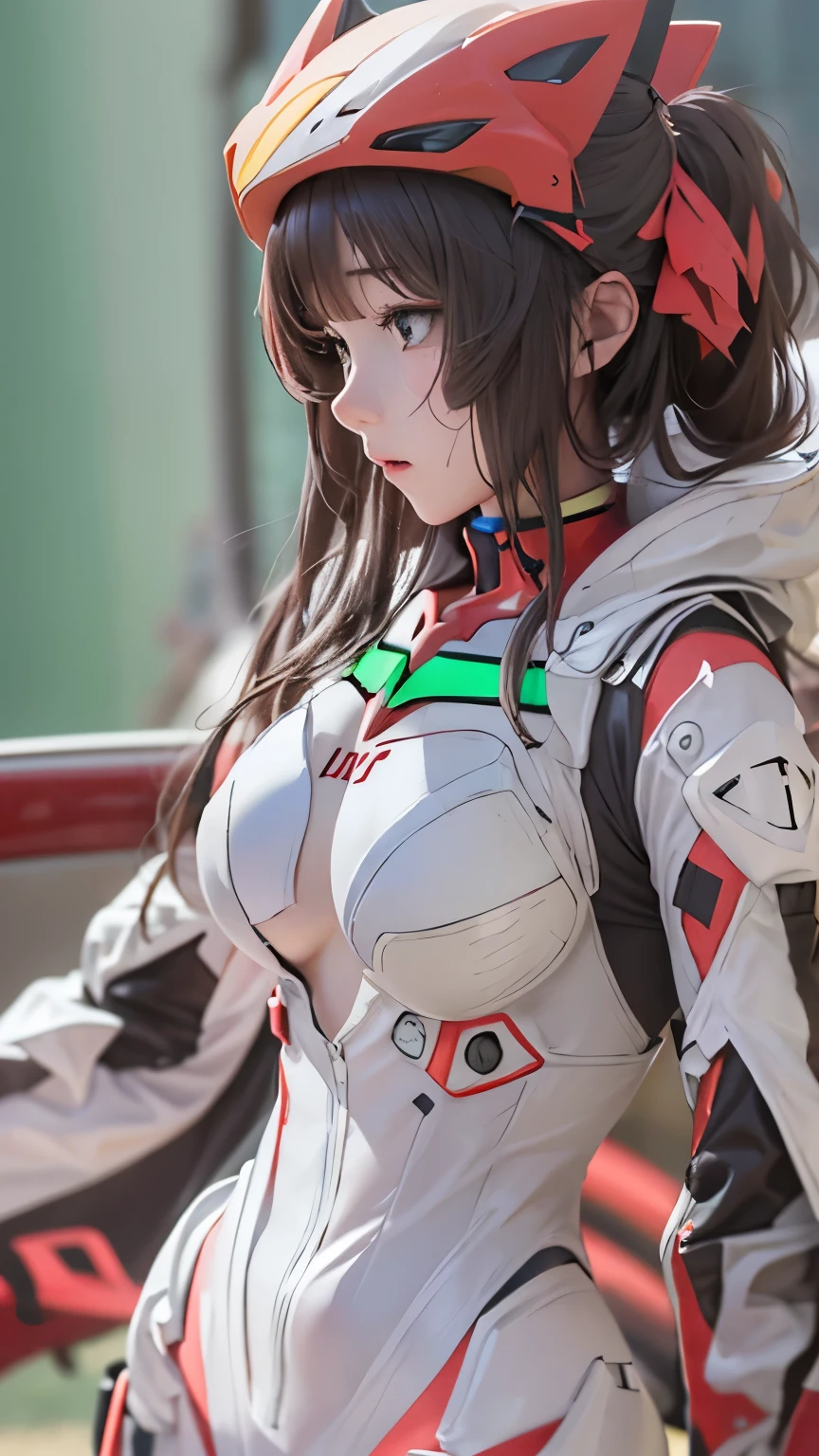 chizuru, big breasts, 1 beautiful girl、anime girl, White Cybersuit、smooth cyber suit, 8K, High resolution、sexy pose、big smile、Hands on knees