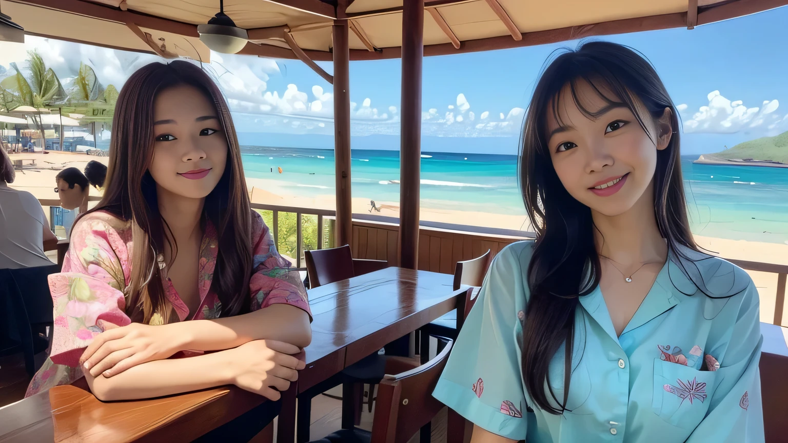super high quality, Slender, Staff are working at the counter in the back., (8k、original photo、best quality、masterpiece:1.2), Japanese Idol, (actual、Realistic:1.37), pretty face , mesh hair, golden ratio, original photo, light brown hair, Small Breasts, Summer clothes, hawaii cafe, loose palmer, hawaii cafes, beautiful hairstyle, Cafe with coastal views, traveling abroad, hawaii travel, 2, Friendly smile, aloha shirt, 
