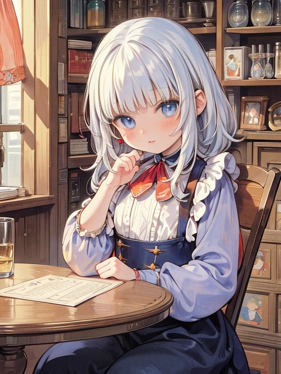 8k, Cowboy Shot, (Carl Larsson:1.6), Detailed face, Perfect Fingers, One Girl, blue eyes, Silver Hair, Wavy Hair, Black maid outfit, Luxurious Western-style building, Bookshelf, Table seating, Chair