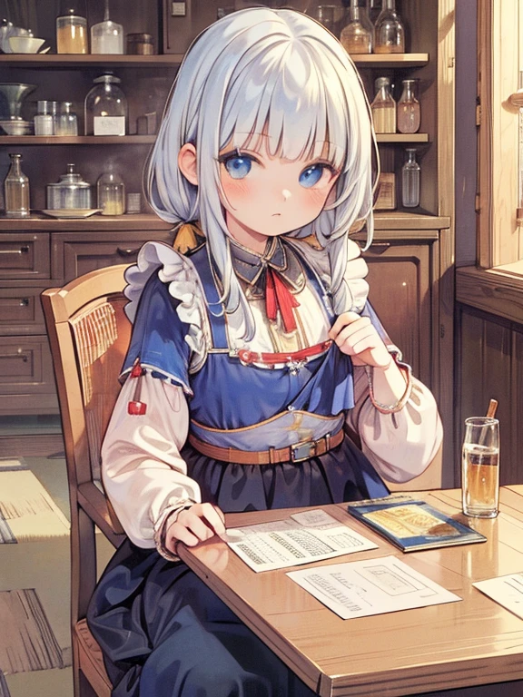 8k, Cowboy Shot, (Carl Larsson:1.6), Detailed face, Perfect Fingers, One Girl, blue eyes, Silver Hair, Wavy Hair, Black maid outfit, Luxurious Western-style building, Bookshelf, Table seating, Chair